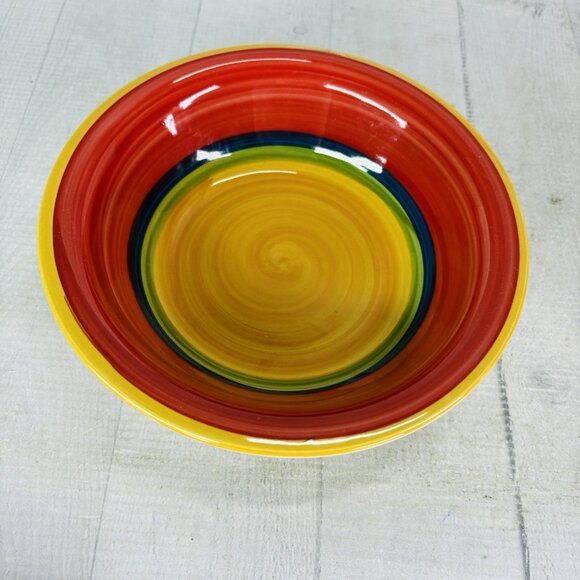 Royal Norfolk MAMBO Greenbrier Yellow Center Rings Stoneware Soup Bowls Set of 4